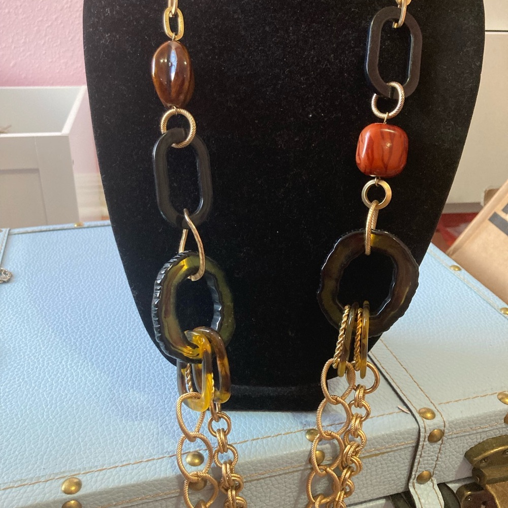 Elegant Gold and Brown Tortoise Chainlink Necklace signed N